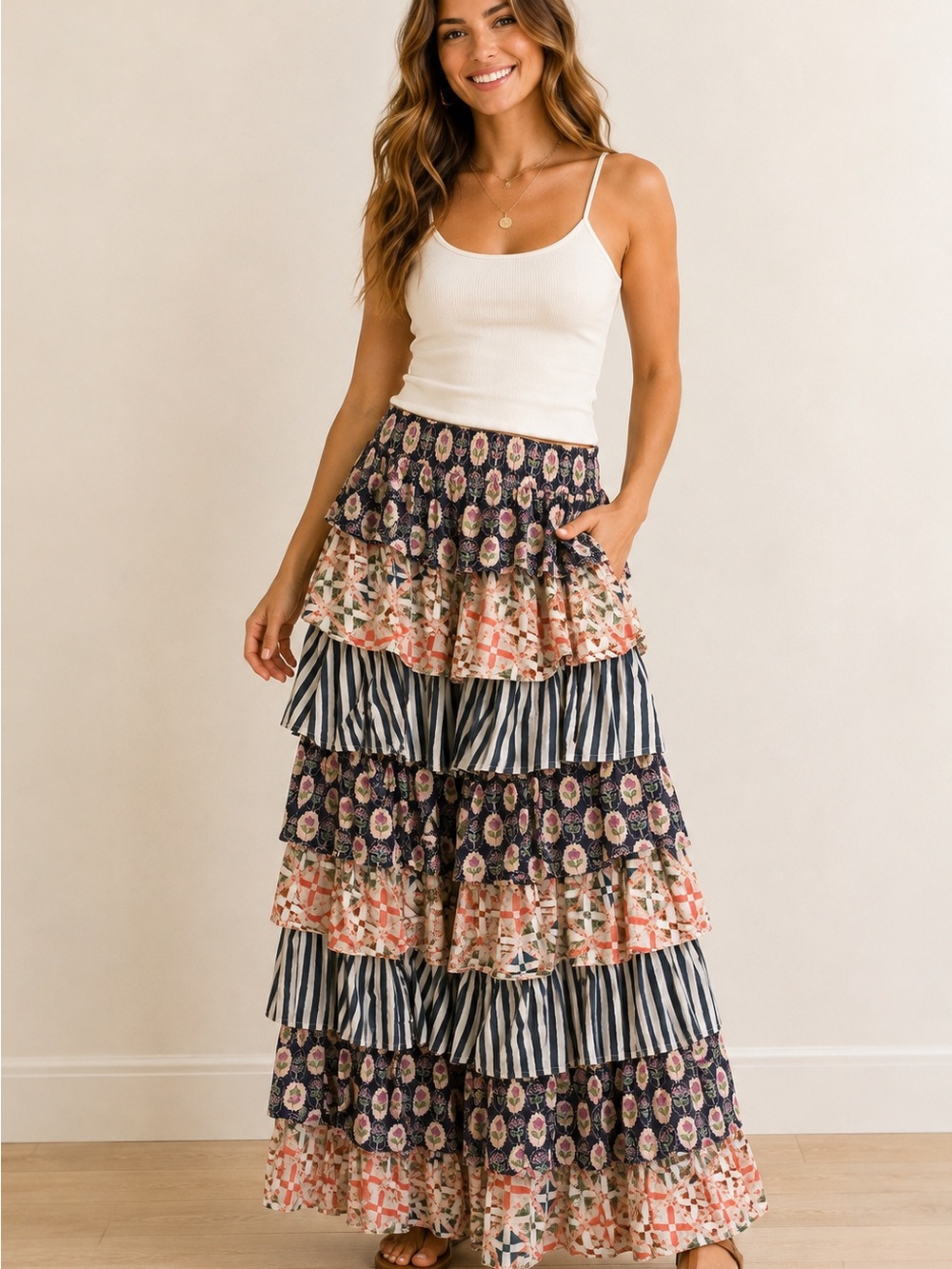 Boho Tiered Wide-Leg Jumpsuit Pants in Navy and Cream